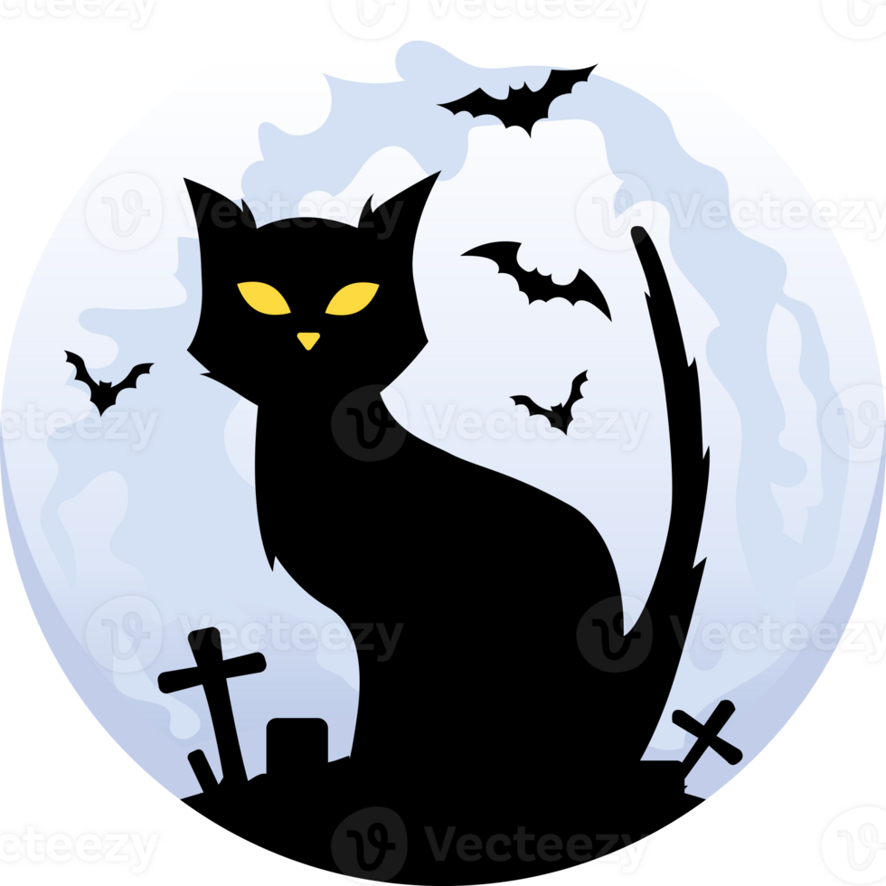 Halloween Cat with Bats Flying And Moon In Dark Night png