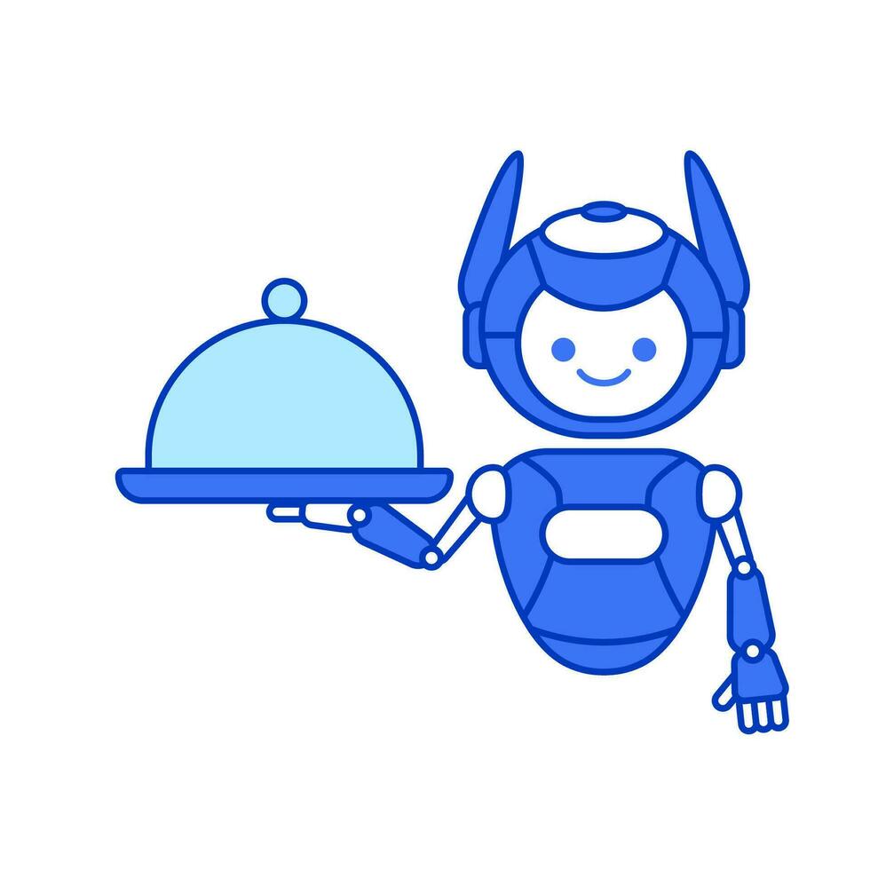 Robot carrying covered plate for serving vector illustration. Waiter robot mascot illustration