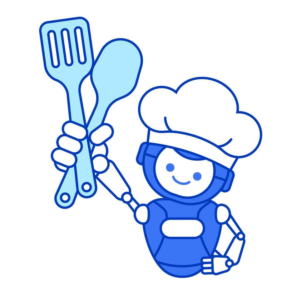 Robot chef holding spatula and spoon. Robot chef mascot vector