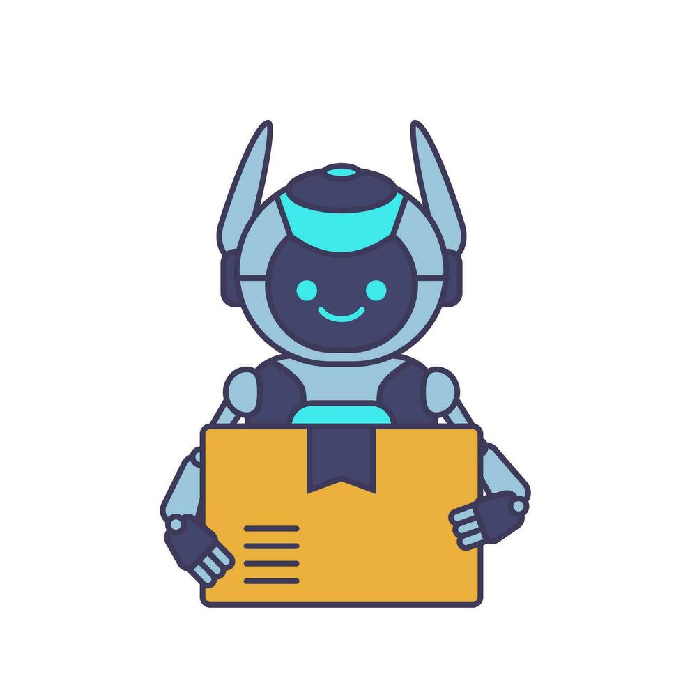 Robot mascot delivering package illustration. Robot carrying parcel illustration vector