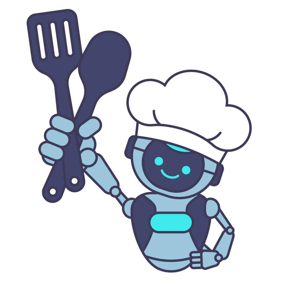 Robot chef holding spatula and spoon. Robot chef mascot vector