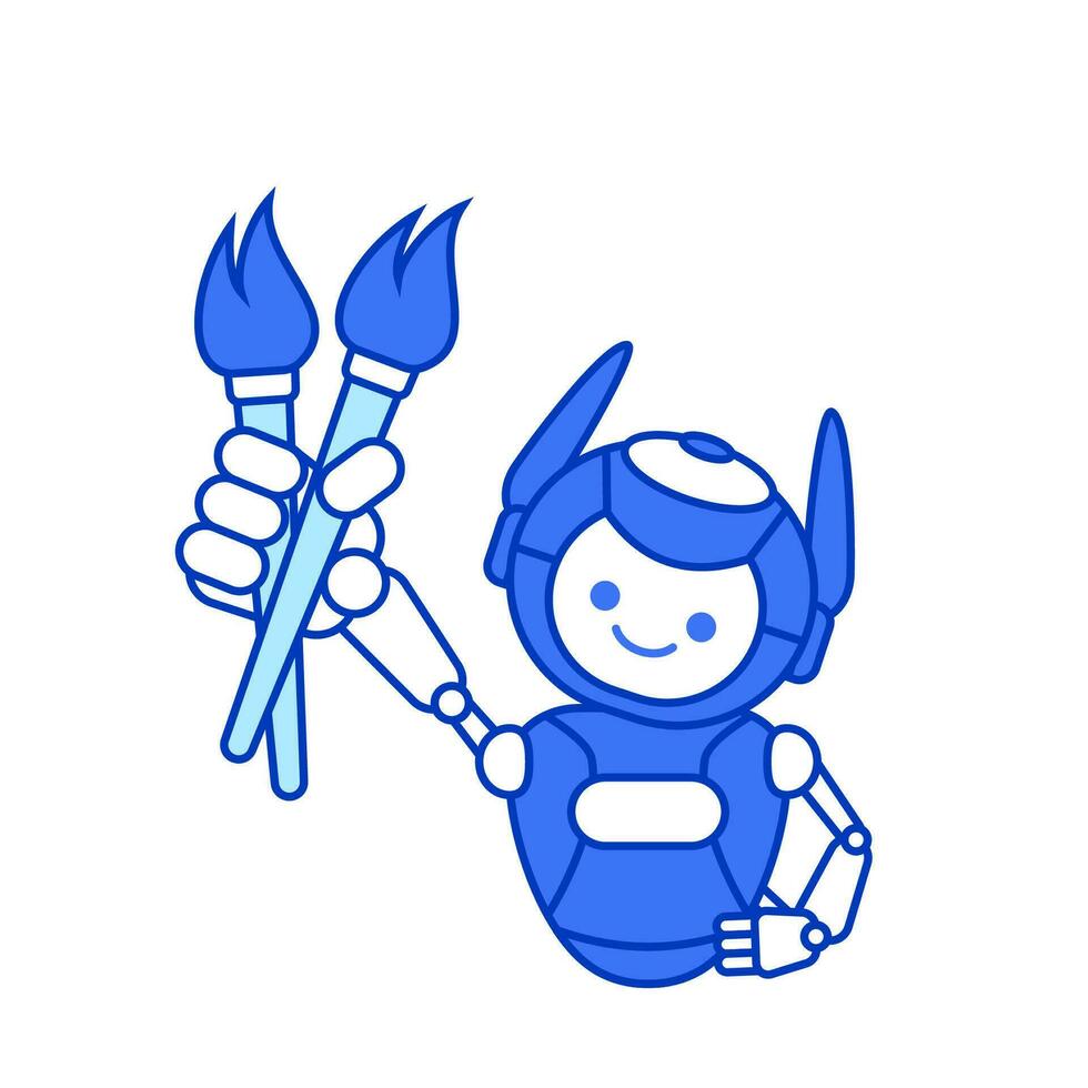 Robot holding paint brush vector illustration. Cartoon robot character mascot illustration