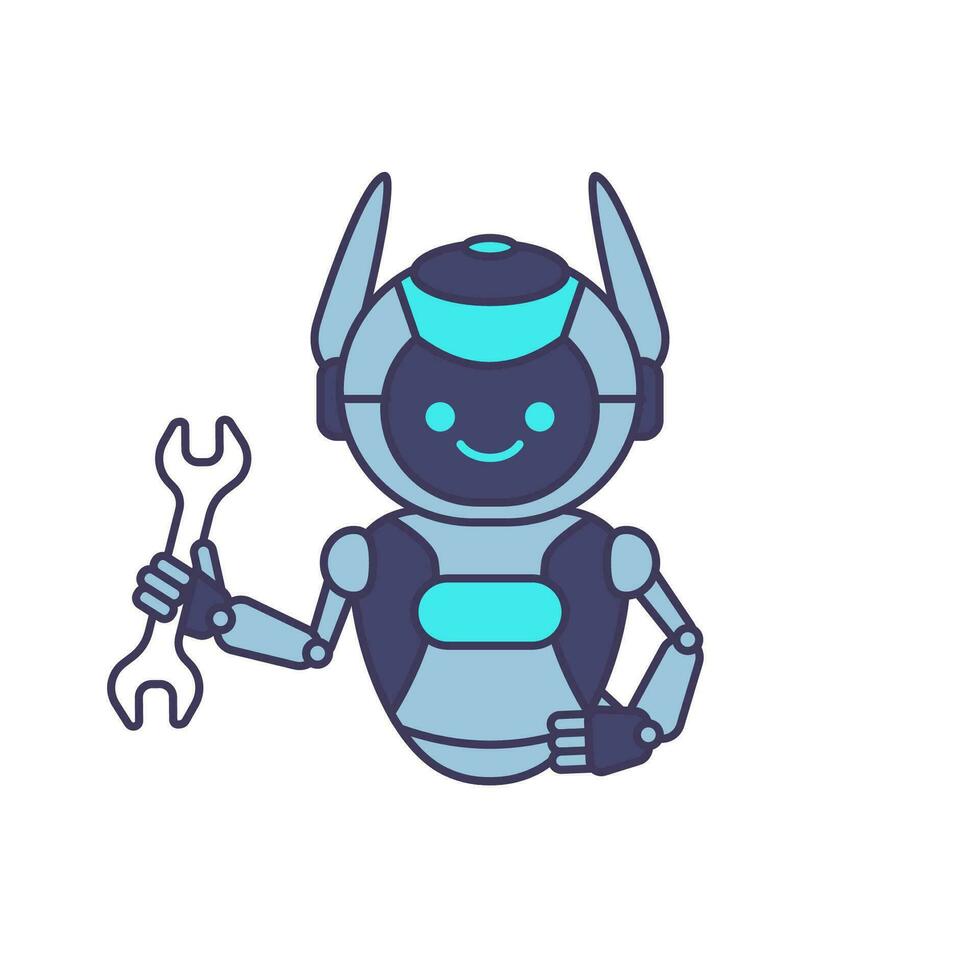 robot participación llave inglesa vector ilustración. robot personaje actitud