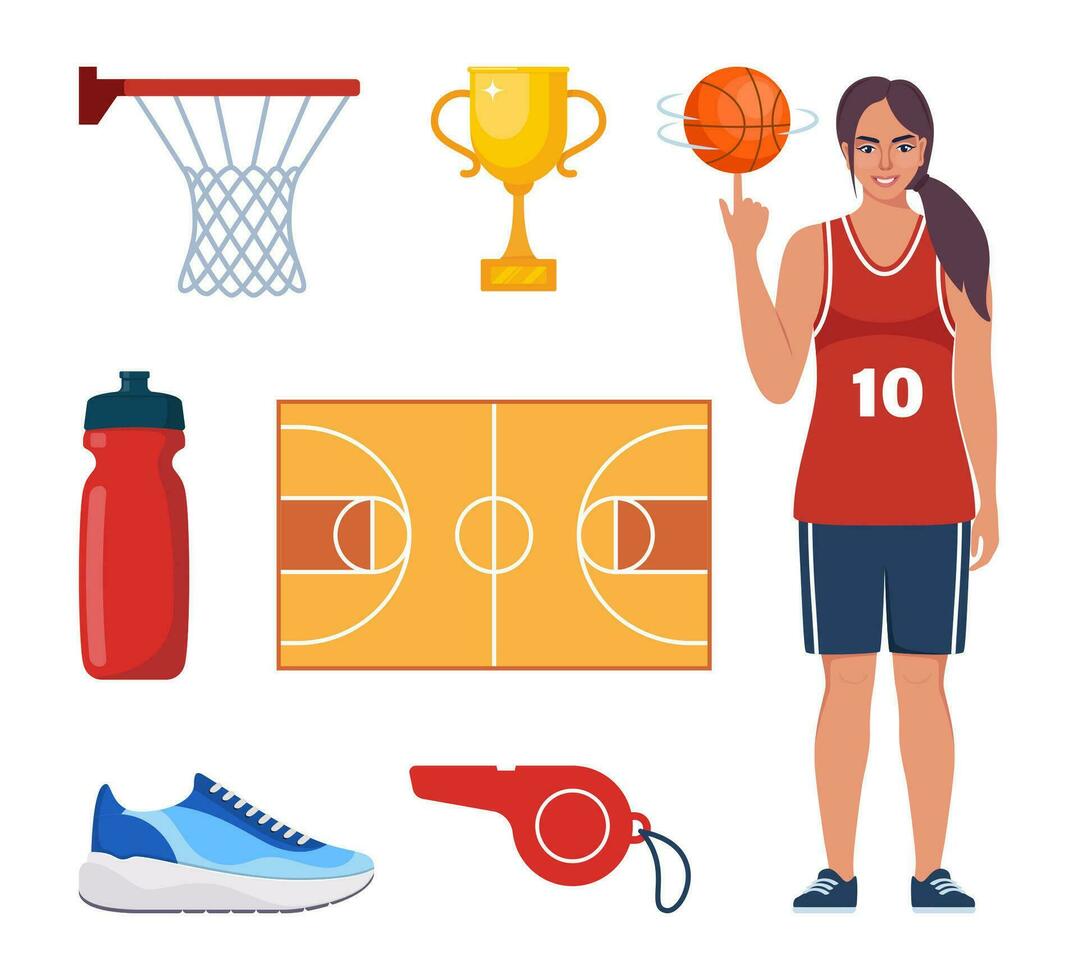 Basketball Elements, set. Various Equipment for Basketballs. Basketball player, ball, basket, sneakers, cup, whistle. Vector illustration.