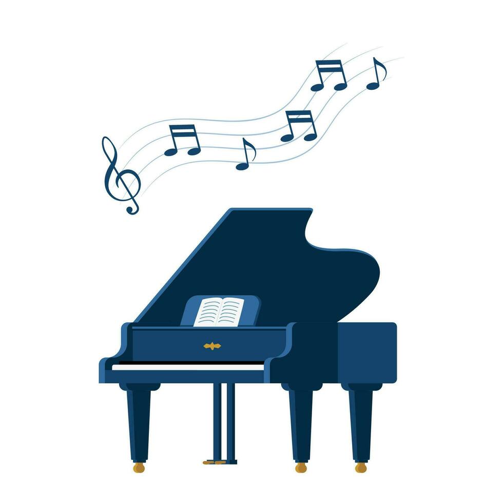 grandioso piano y sábana música en un pararse. música instrumento. triplicar clave con notas en ondulado líneas. música concepto. vector ilustración.