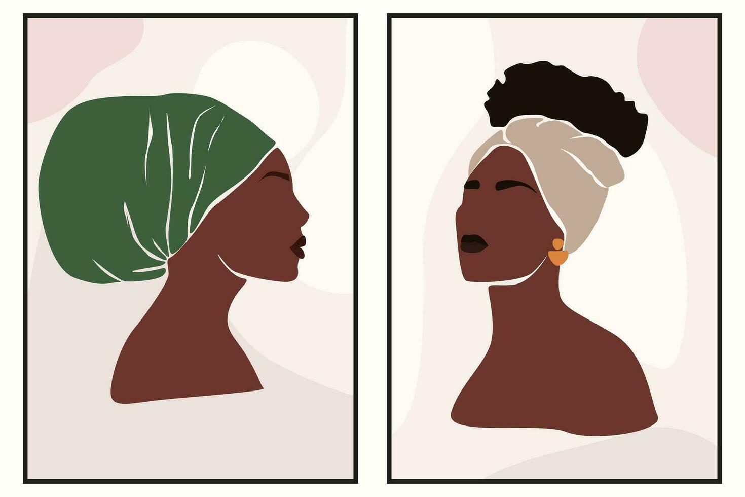 Abstract portrait illustration of african woman with tropic leaves. mid century poster. Modern Boho style background for art print, poster, card, decor. Stock vector illustration
