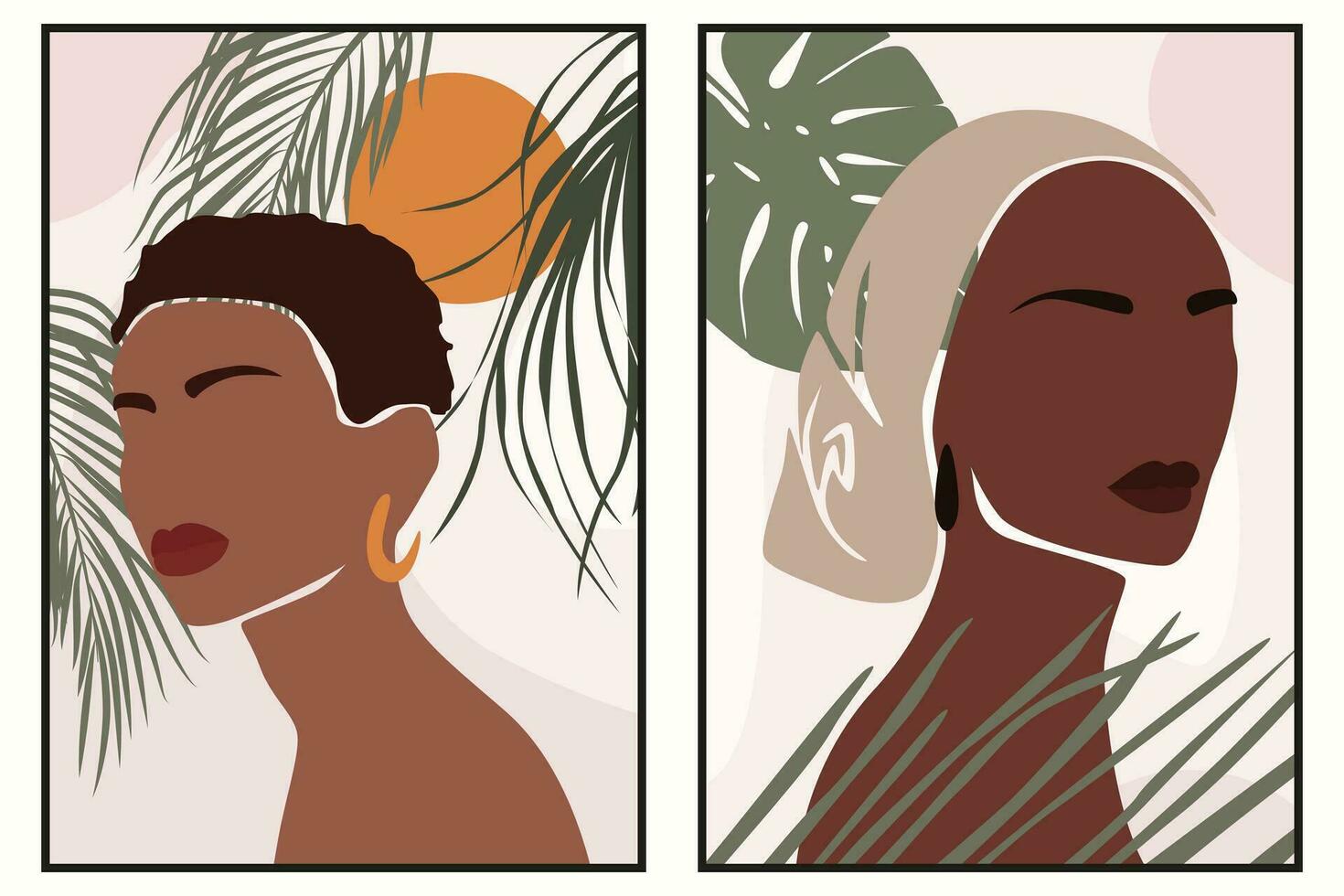 Abstract portrait illustration of african woman with tropic leaves. mid century poster. Modern Boho style background vector