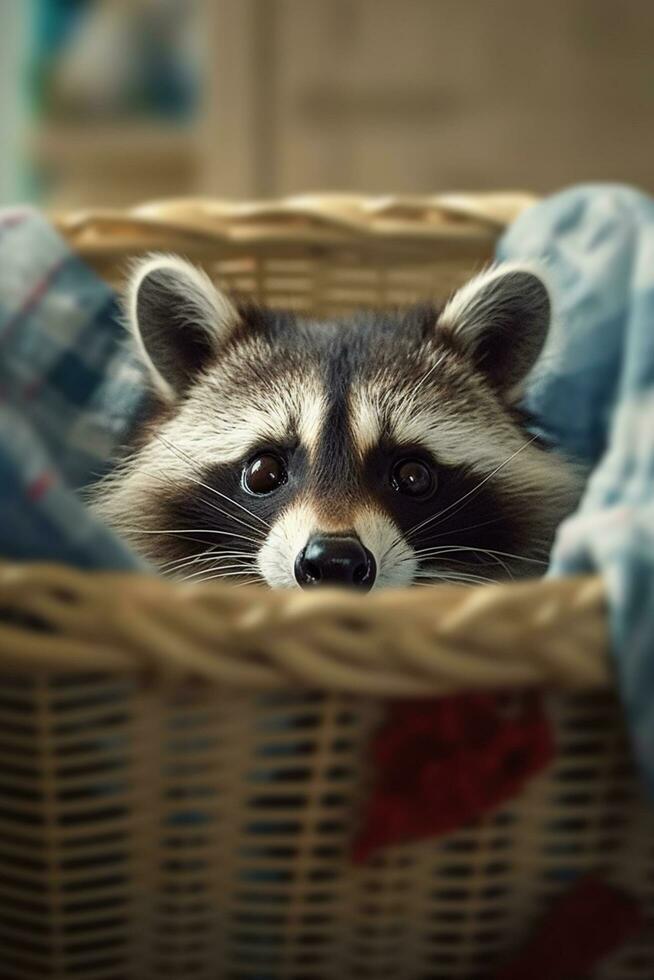 Cheerful Raccoon Sitting in a Laundry Basket, Playfully Peeking Out - AI generated photo