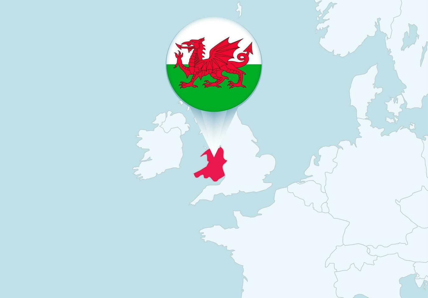 Europe with selected Wales map and Wales flag icon. vector