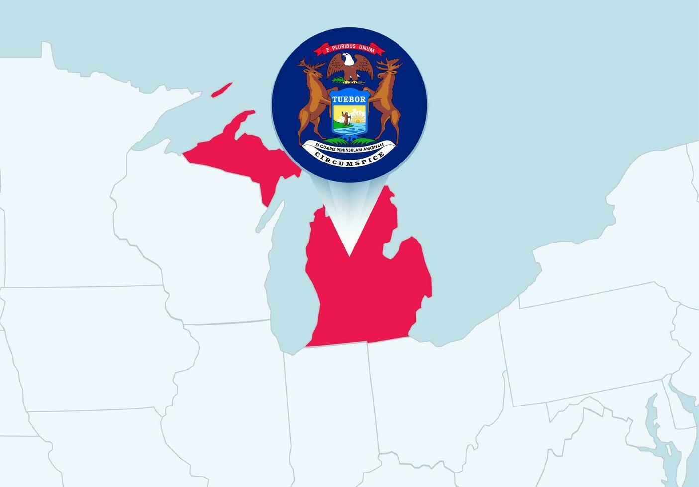 unido estados con seleccionado Michigan mapa y Michigan bandera icono. vector