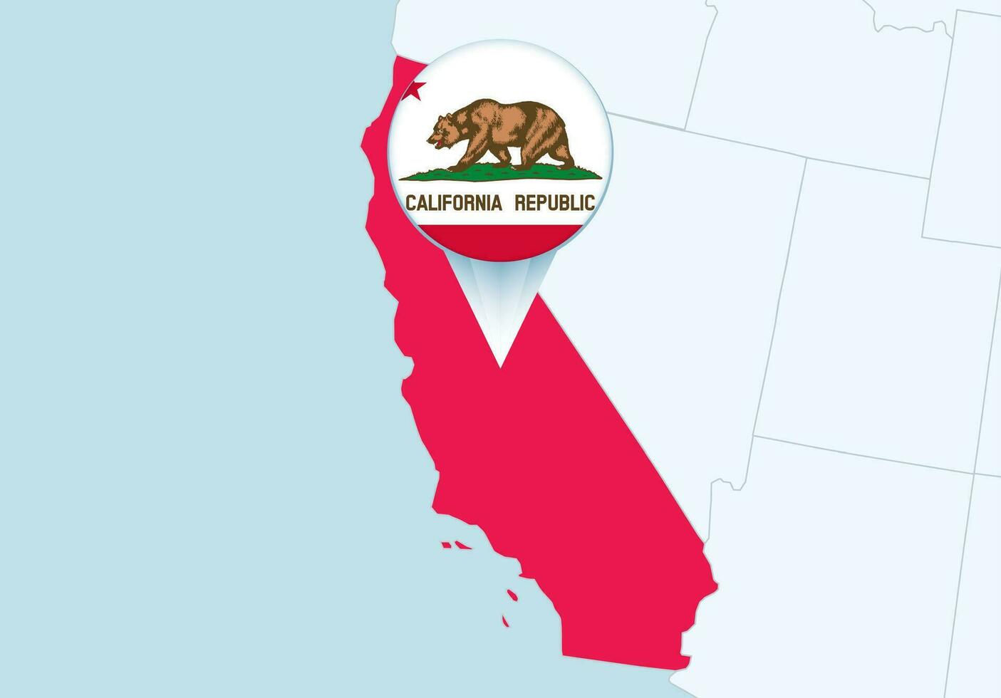 United States with selected California map and California flag icon. vector