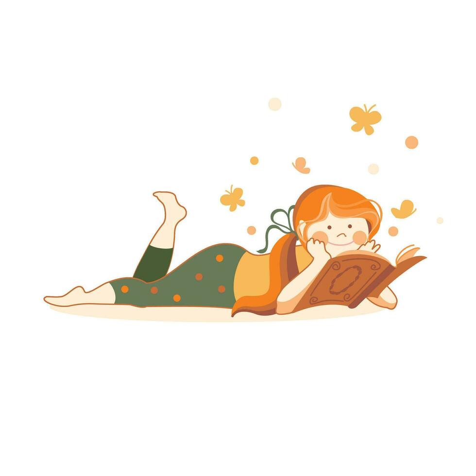 Girl reading a book.  Learning kids. Reading for pleasure. Books, tales. Illustration. Vector