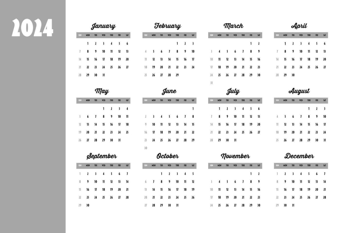 Calendar 2024 year. Week starts on Sunday. Design for planner, printing, stationery, organizer. vector