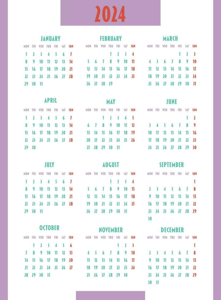 Calendar 2024 year. Week starts on Monday. Design for planner, printing, stationery, organizer. vector
