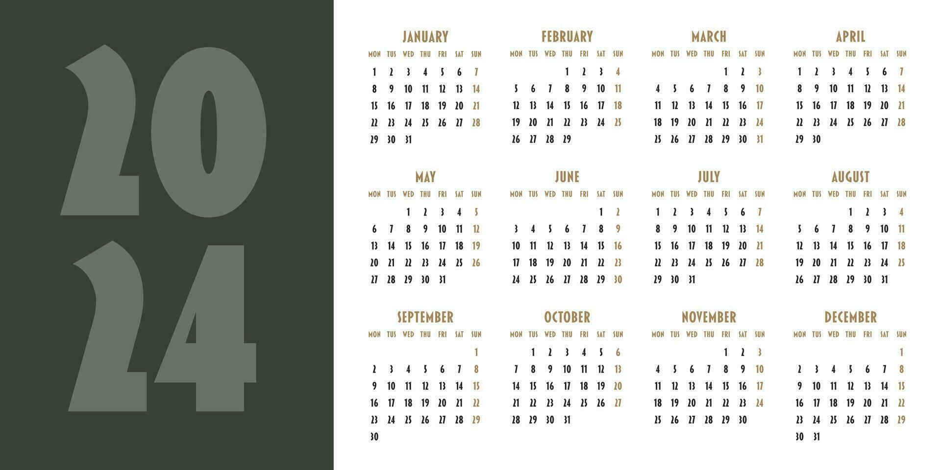 calendario 2024 año. semana empieza en lunes. diseño para planificador, impresión, papelería