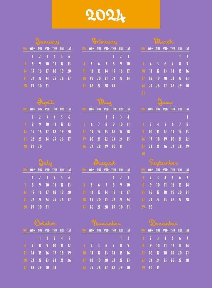 calendario 2024 año. semana empieza en domingo. diseño para planificador, impresión, papelería, organizador. vector