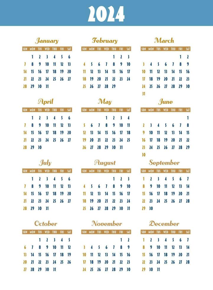 Calendar 2024 year. Week starts on Sunday. Design for planner, printing, stationery, organizer. vector