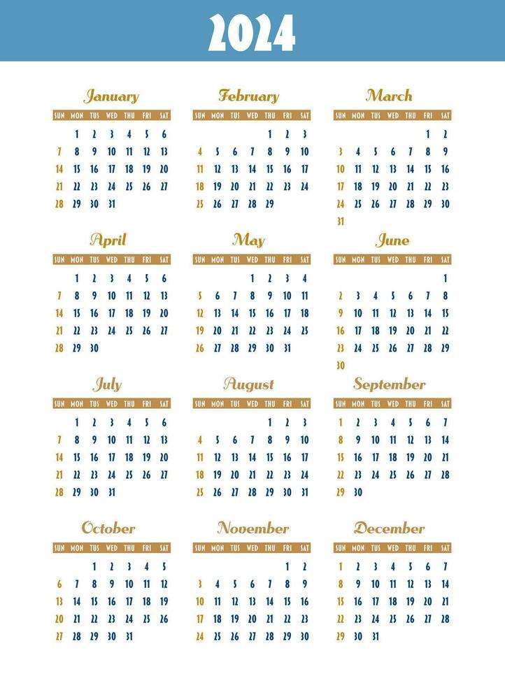 calendario 2024 año. semana empieza en domingo. diseño para planificador, impresión, papelería, organizador. vector