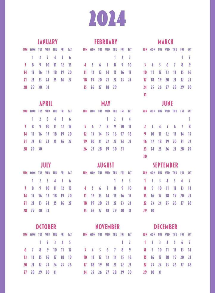 Calendar 2024 year. Week starts on Sunday. Design for planner, printing, stationery, organizer. vector