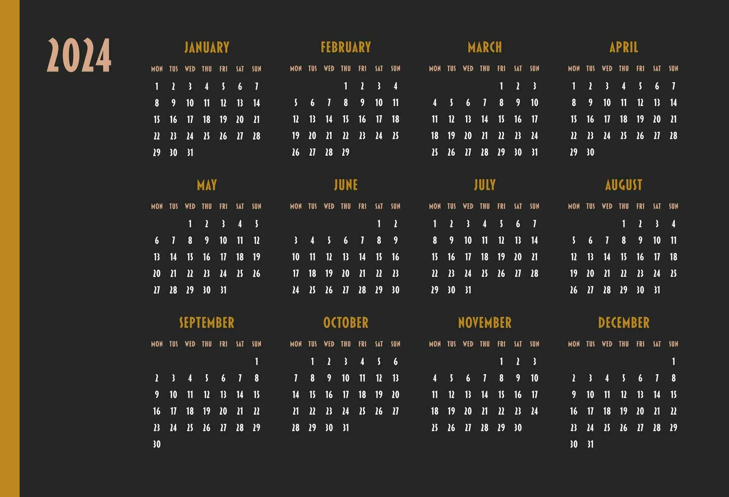 calendario 2024 año. semana empieza en lunes. diseño para planificador, impresión, papelería, organizador. vector