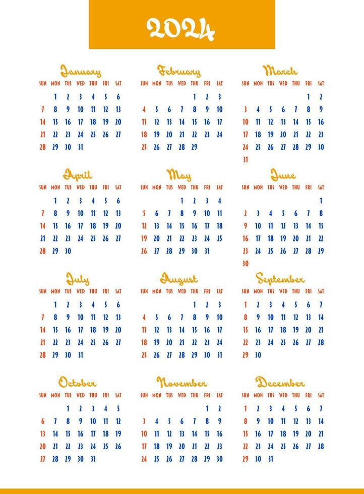Calendar 2024 year. Week starts on Sunday. Design for planner, printing, stationery, organizer. vector