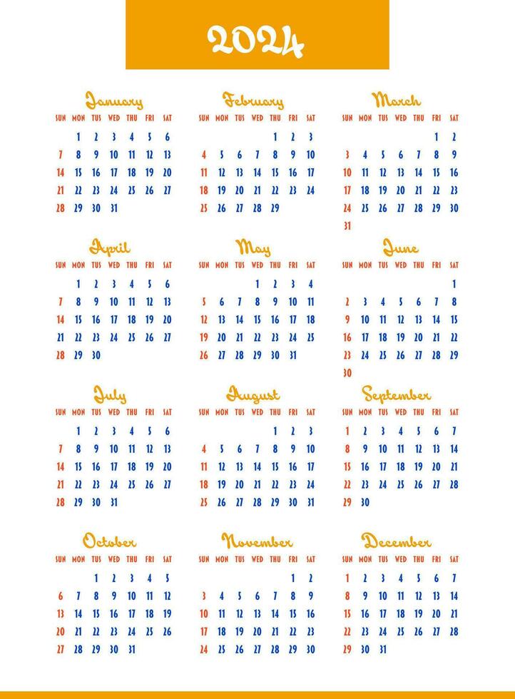 calendario 2024 año. semana empieza en domingo. diseño para planificador, impresión, papelería, organizador. vector