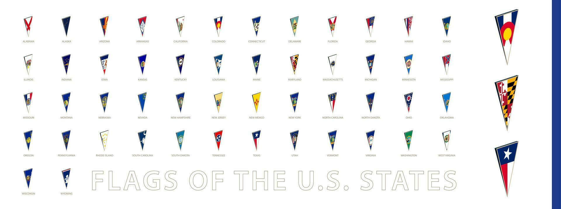 All Flags of The U.S. States sorted alphabetically. 3D triangular pin icon. vector