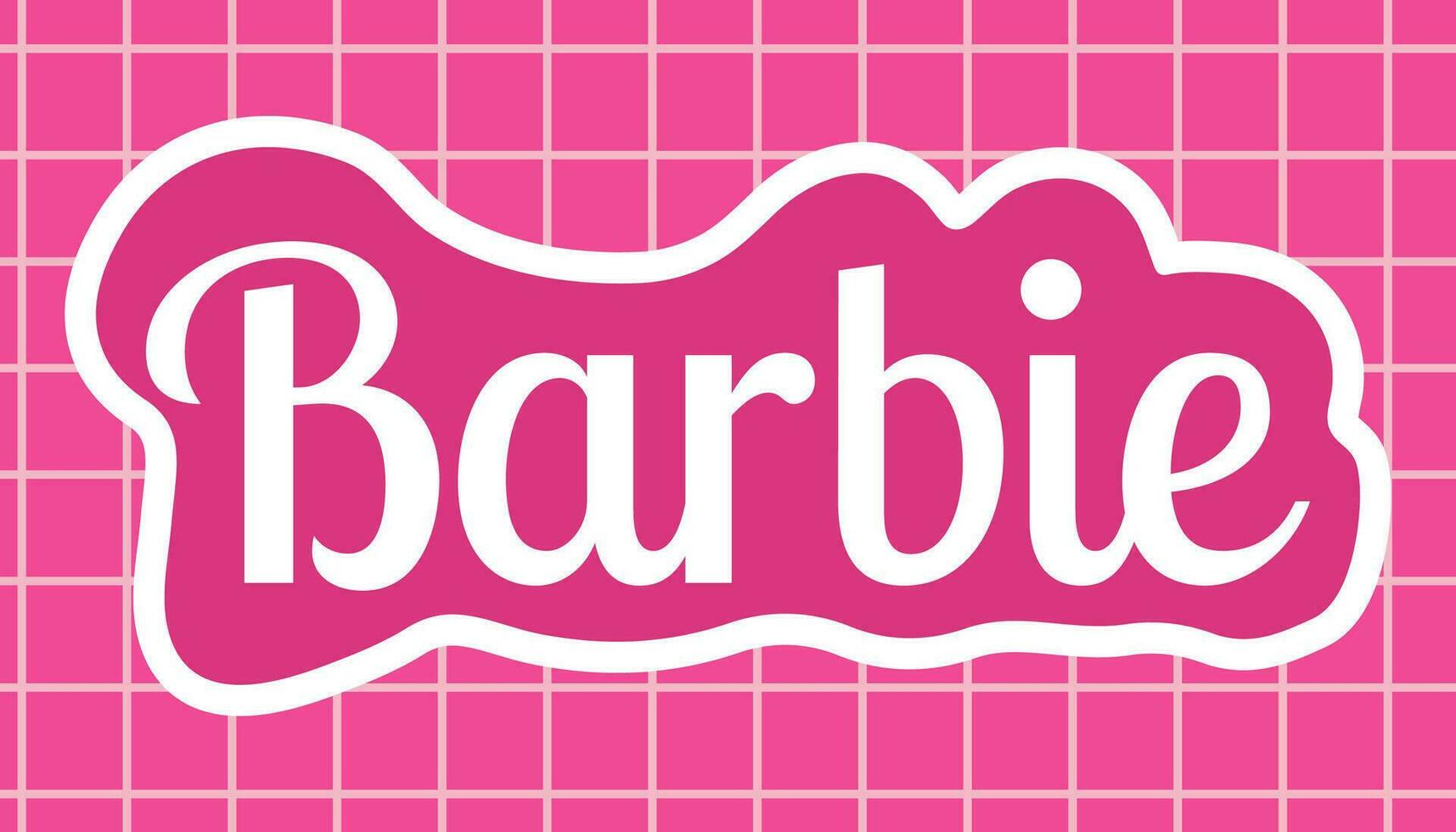 August 2023. Barbie doll. Barbie inscription on a pink background with grid. Editorial. Sticker. Vector