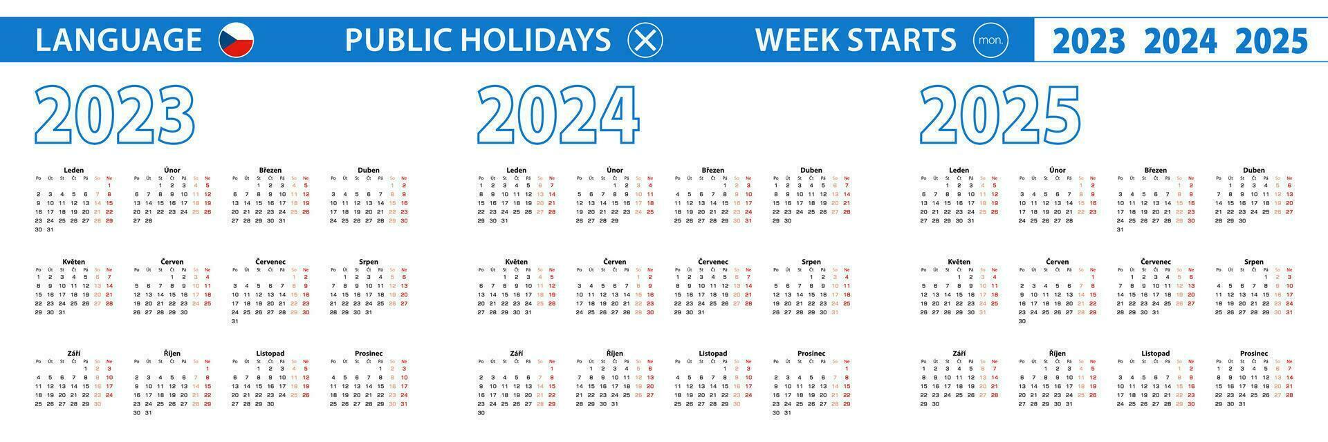 Simple calendar template in Czech for 2023, 2024, 2025 years. Week starts from Monday. vector