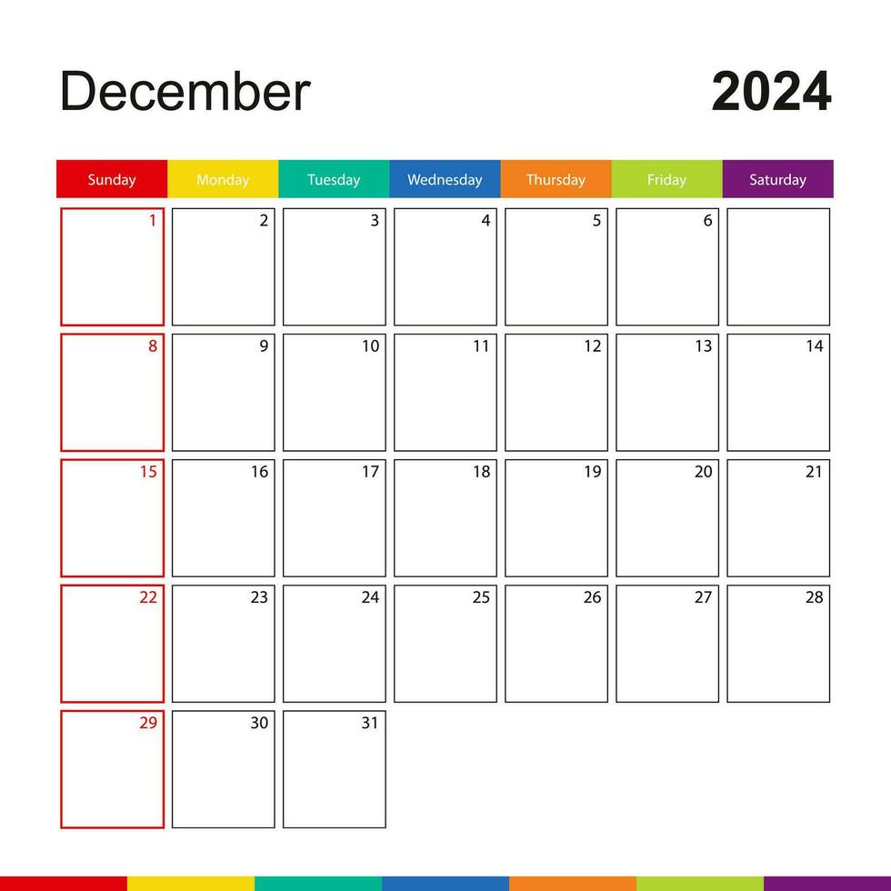 December 2024 colorful wall calendar, week starts on Sunday. vector