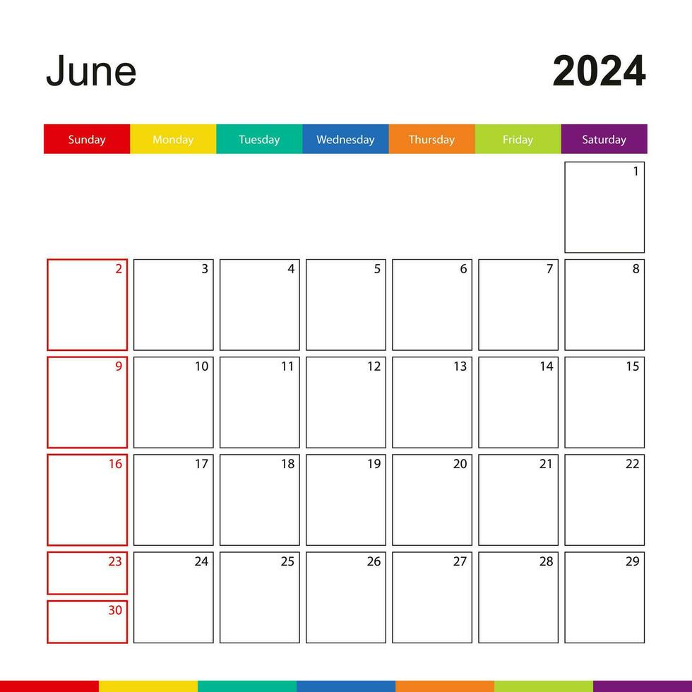 June 2024 colorful wall calendar, week starts on Sunday. vector