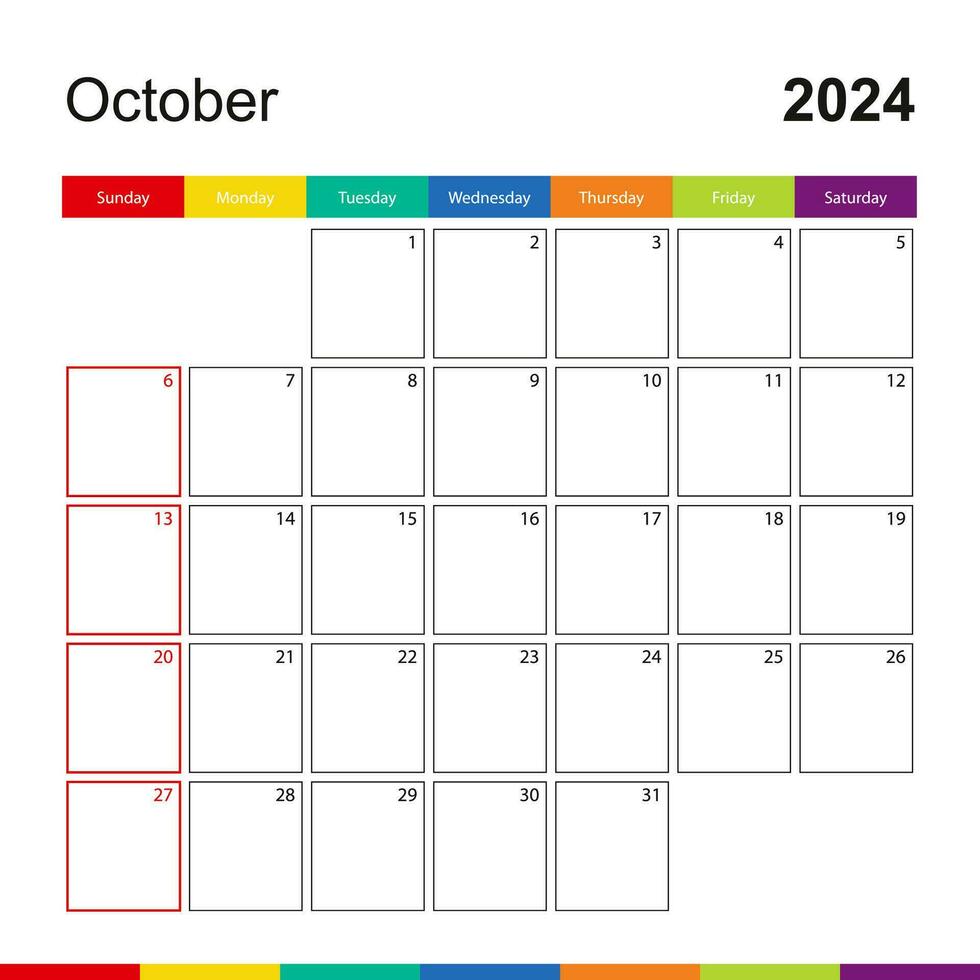October 2024 colorful wall calendar, week starts on Sunday. vector