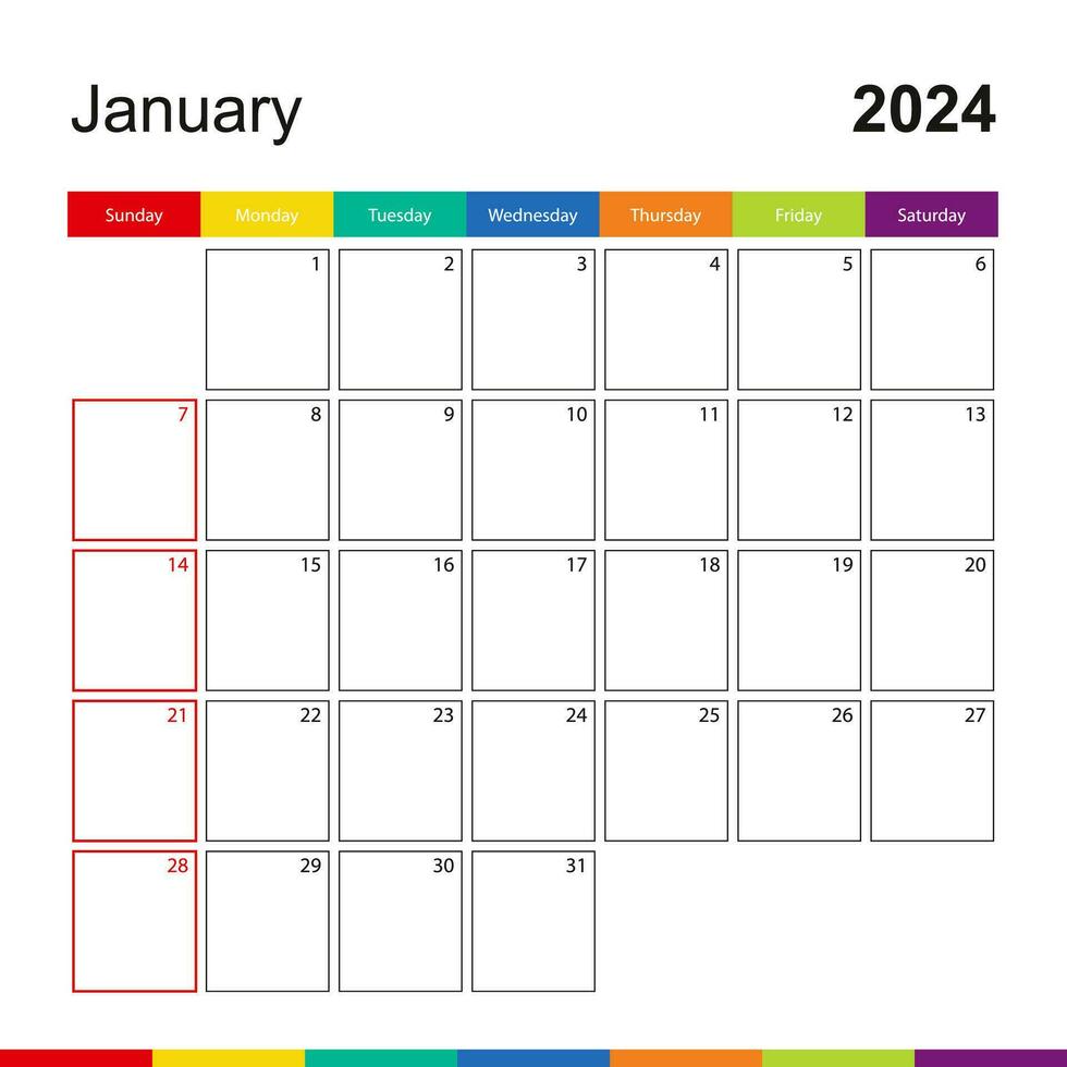 January 2024 colorful wall calendar, week starts on Sunday. vector