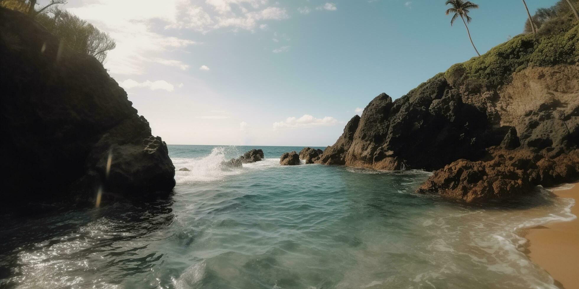 Spectacular Rocky Seaside Cove with Waves, Clear Water, Blue Sky, and Sun - AI generated photo