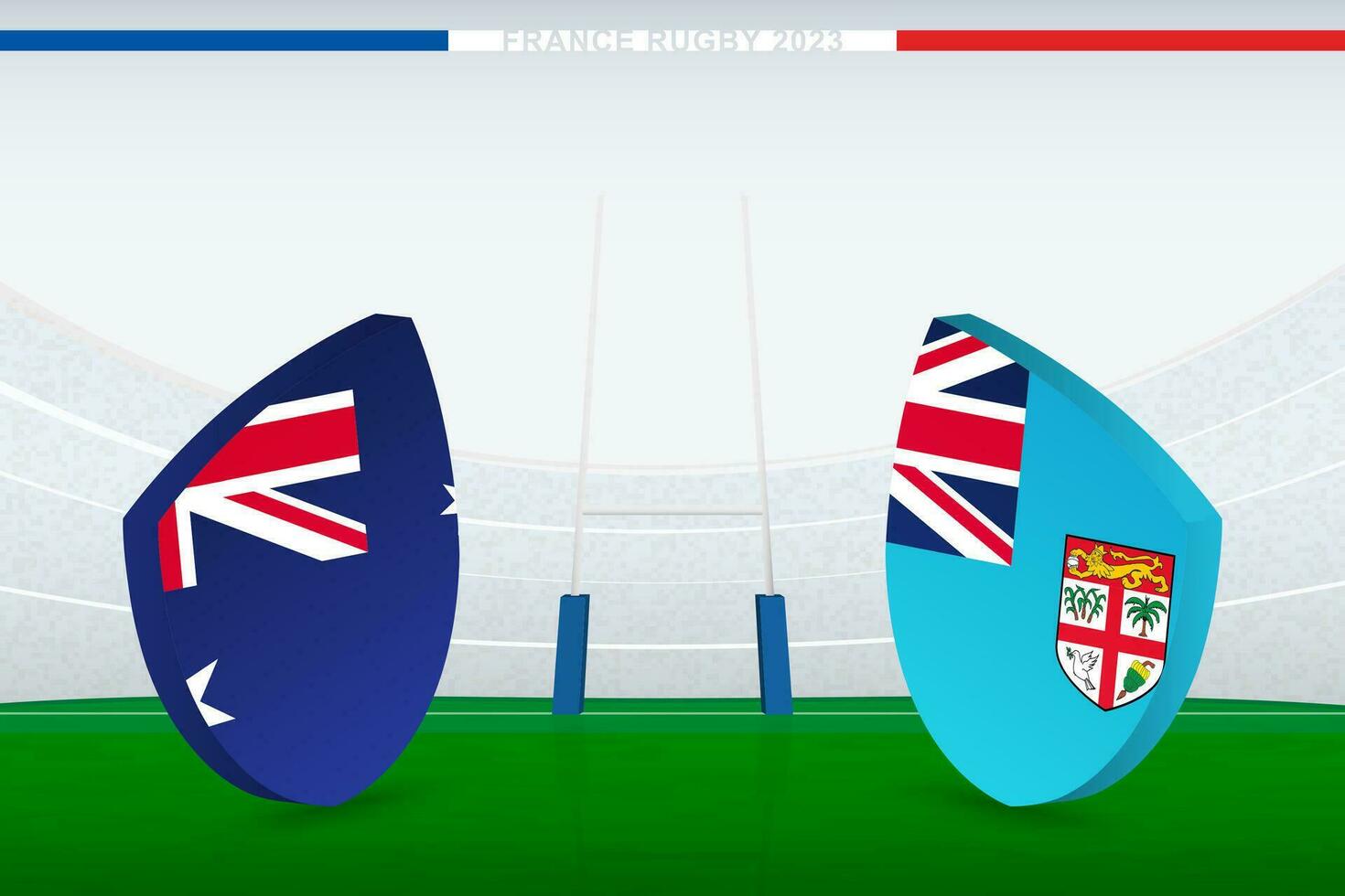 Match between Australia and Fiji, illustration of rugby flag icon on rugby stadium. vector