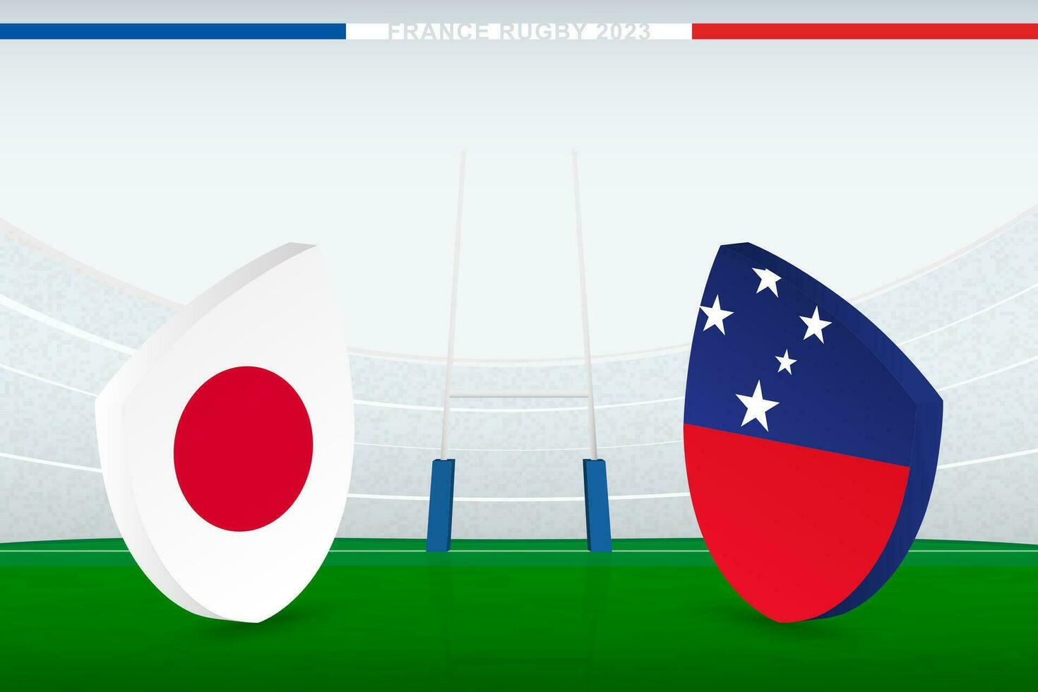 Match between Japan and Samoa, illustration of rugby flag icon on rugby stadium. vector