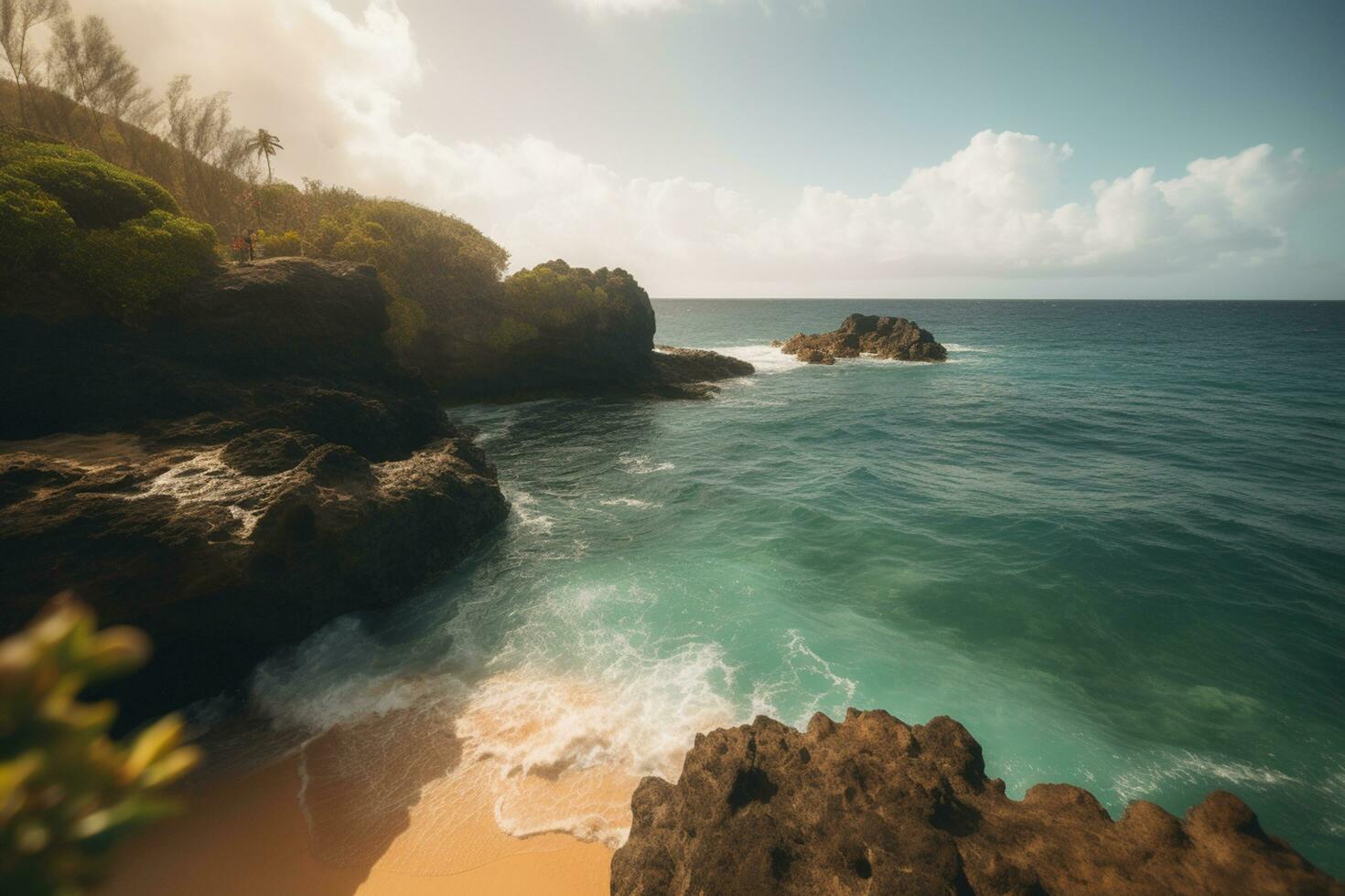 Spectacular Rocky Seaside Cove with Waves, Clear Water, Blue Sky, and Sun - AI generated photo
