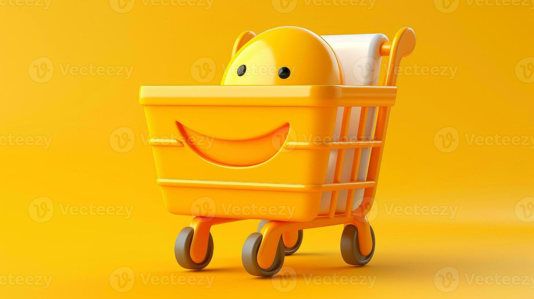 3d shopping trolley, shopping online concept, shopping cart with face cartoon smile, Generative AI illustration photo