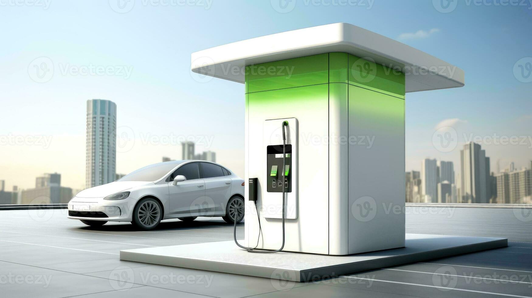 Electric car at futuristic charging station. Selected focusing. Eco alternative transport and battery charging technology concept, electric hybrid machine, Generative AI illustration photo