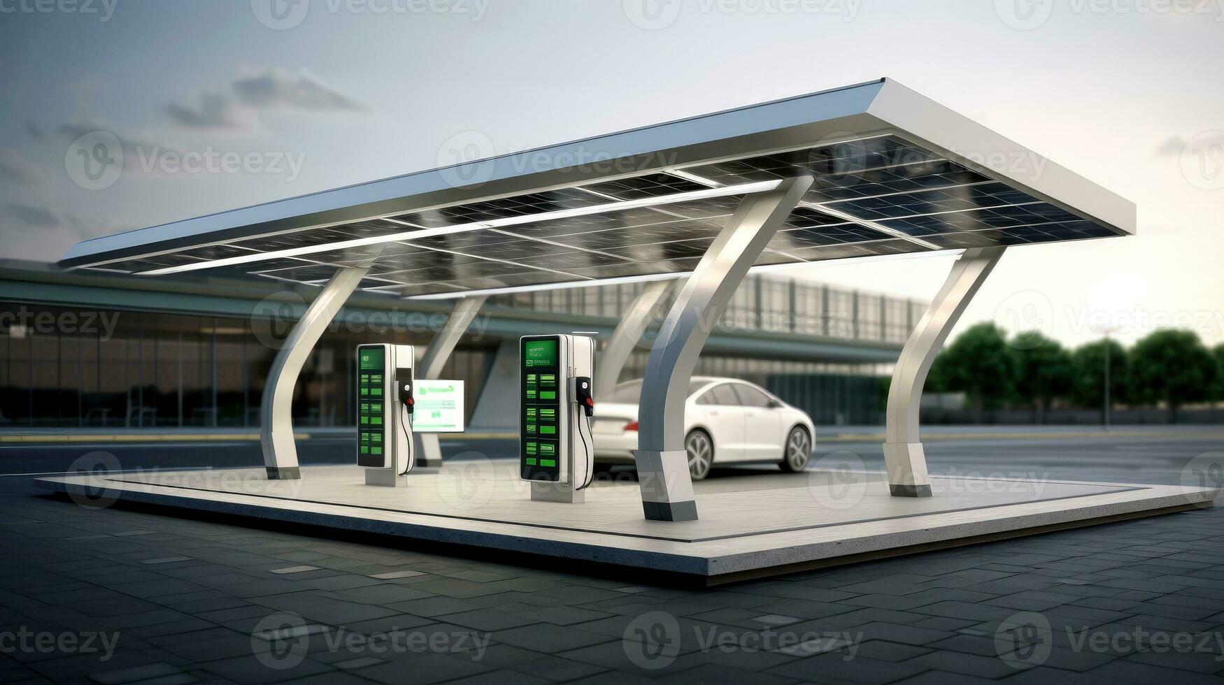 Electric car at futuristic charging station. Selected focusing. Eco alternative transport and battery charging technology concept, electric hybrid machine, Generative AI illustration photo