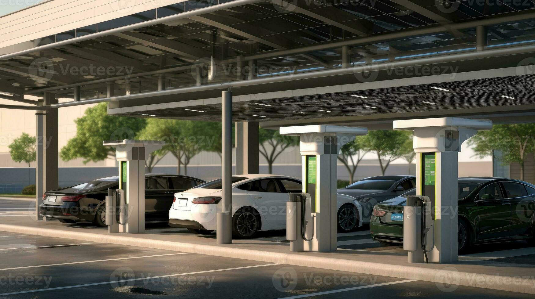 Electric car at futuristic charging station. Selected focusing. Eco alternative transport and battery charging technology concept, electric hybrid machine, Generative AI illustration photo