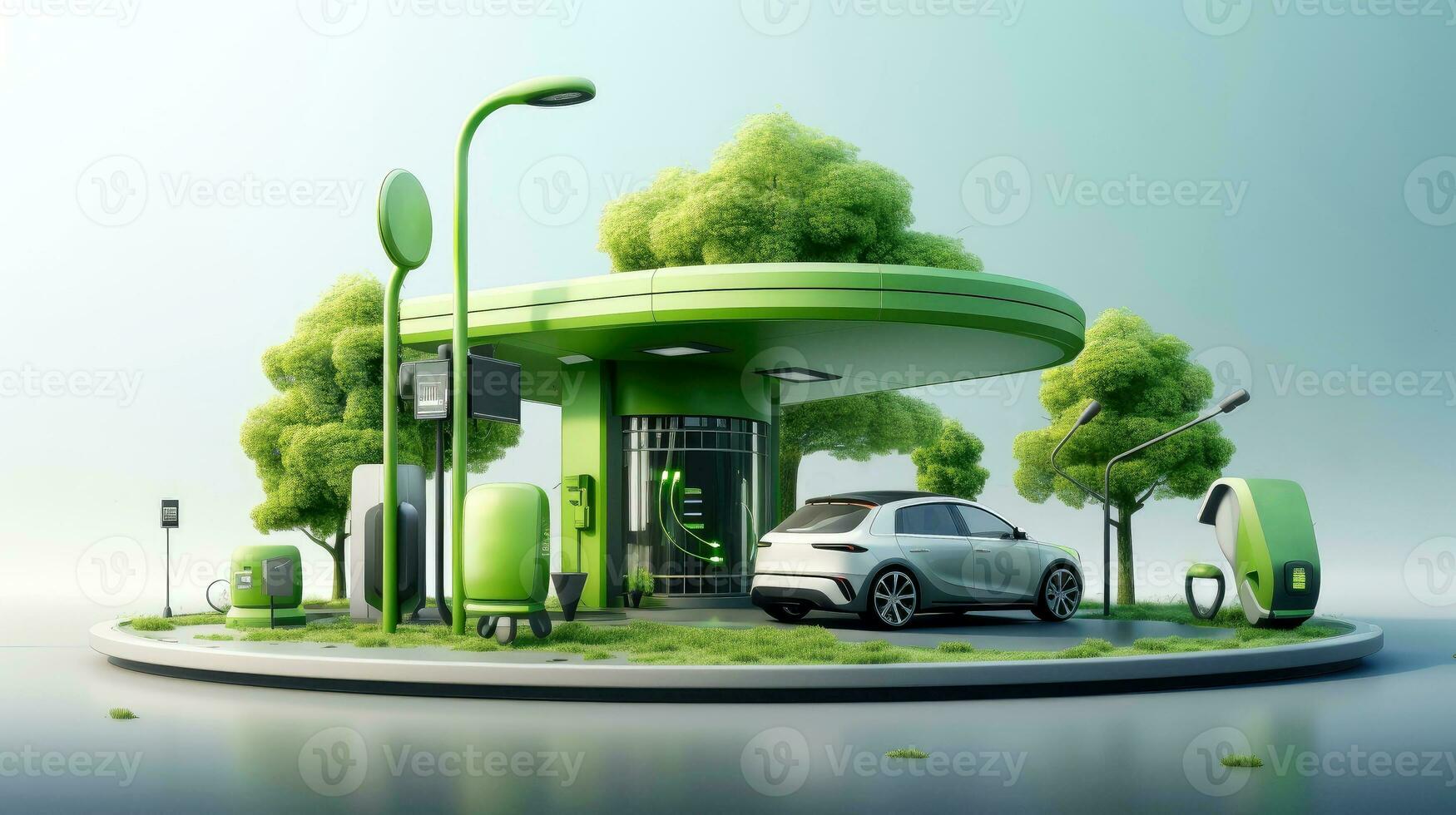 Electric car at futuristic charging station. Selected focusing. Eco alternative transport and battery charging technology concept, electric hybrid machine, Generative AI illustration photo