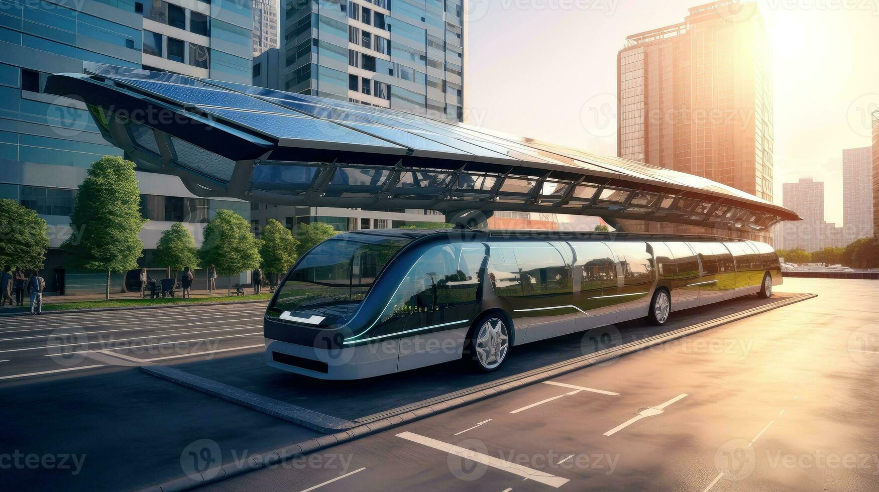 Electric car at futuristic charging station. Selected focusing. Eco alternative transport and battery charging technology concept, electric hybrid machine, Generative AI illustration photo