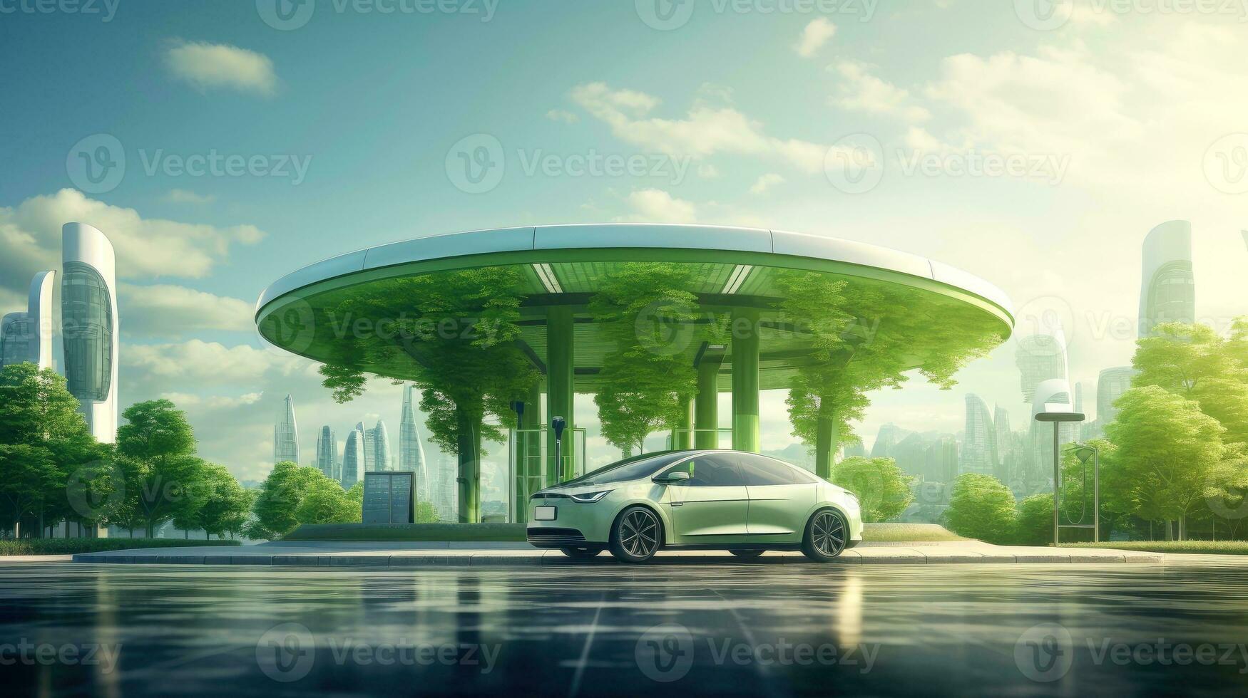 Electric car at futuristic charging station. Selected focusing. Eco alternative transport and battery charging technology concept, electric hybrid machine, Generative AI illustration photo