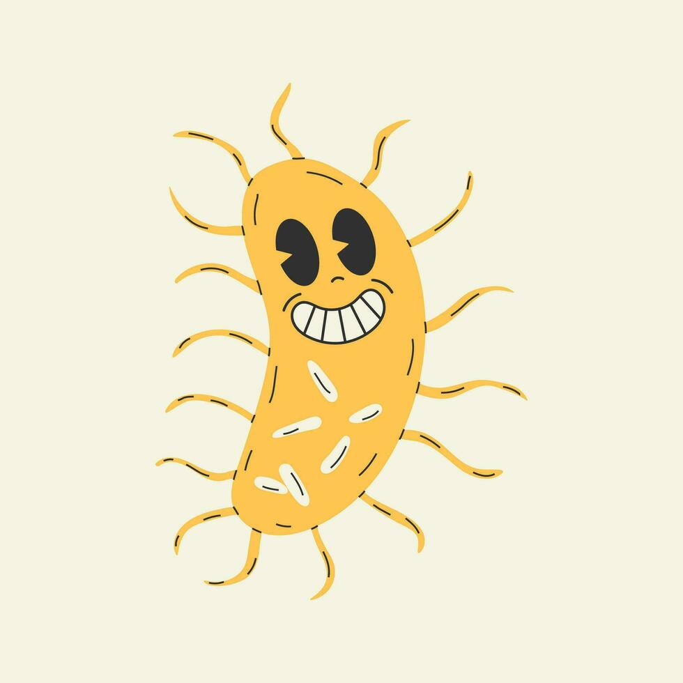 Cute Cartoon bacteria Yersinia pestis character.  Old animation 60s 70s, funny cartoon characters. Trendy illustration in retro style. vector