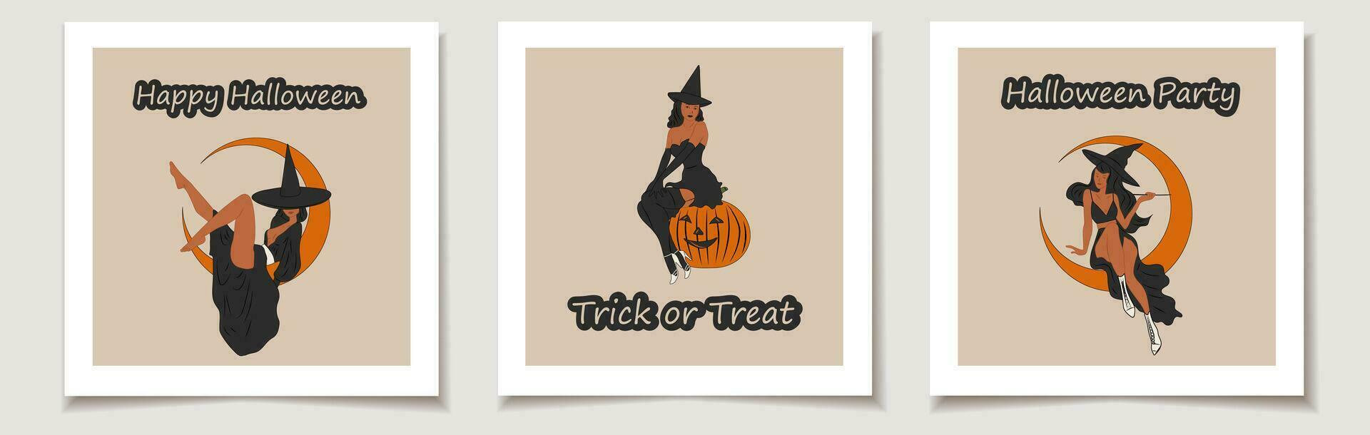 Set of Halloween cards with Set of three Witch. Cute ladies. Pin-up, retro style. Halloween costume concept. Greeting cards with Magic items. vector