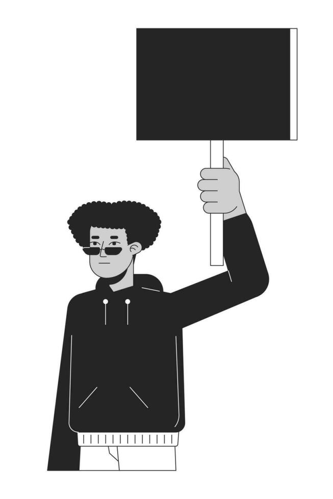 Black male demonstrator with banner flat line black white vector character. Peaceful protest. Editable outline half body person. Simple cartoon isolated spot illustration for web graphic design