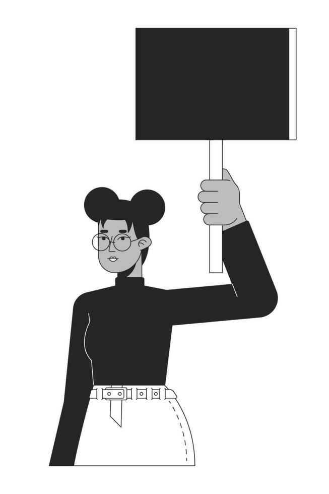 Black woman with banner flat line black white vector character. Peaceful protest. Empty banner. Editable outline half body person. Simple cartoon isolated spot illustration for web graphic design