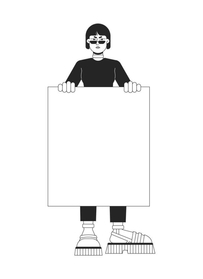 Disappointed asian girl protesting flat line black white vector character. Holding placard. Editable outline full body person. Simple cartoon isolated spot illustration for web graphic design