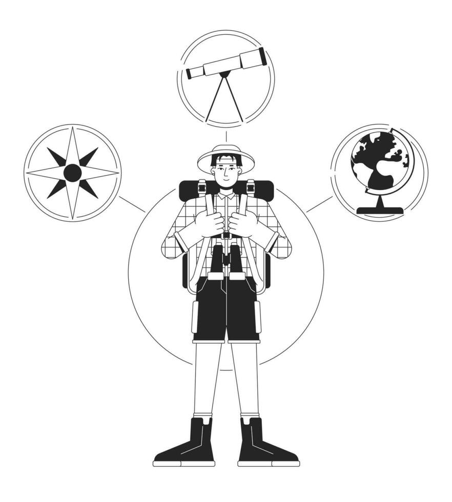 Explorer person archetype bw concept vector spot illustration. Traveler with backpack 2D cartoon flat line monochromatic character for web UI design. Psychology editable isolated outline hero image